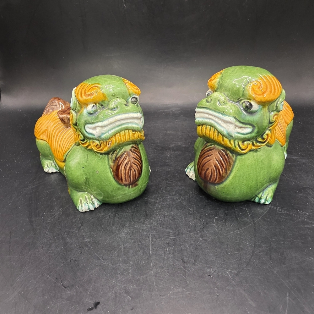 Pair Of Colorful Chinese Porcelain Foo Dog Statues